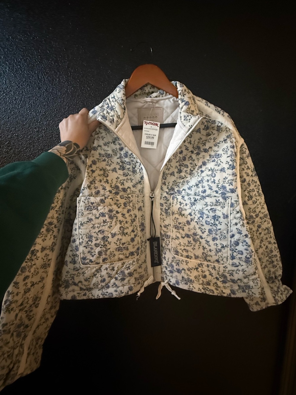 T.J.Maxx Cream Floral Quilted Crop Jacket with Blue Print